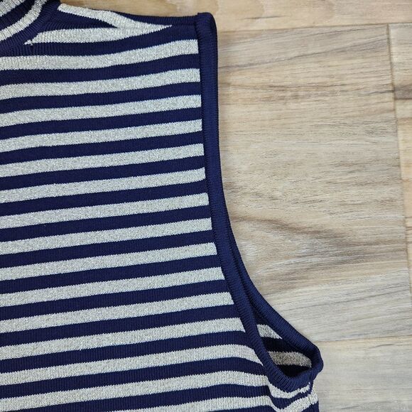 ☔️🔺️Grace Metallic Gold & Blue Striped Turtleneck Sleeveless Top Large - Picture 6 of 9